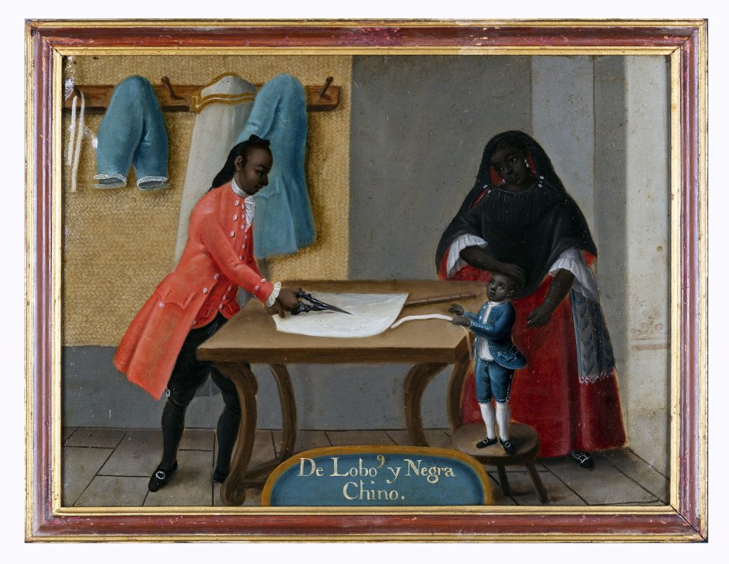 Unknown artist, <i>De Lobo y Negra, Chino</i> [<i>From Lobo—of Indigenous and Black Descent—and Black, a Chino is Born</i>], circa 1775, Mexico City; oil on copper. Museo de América, Madrid. Photo: Javier Rodríguez. Courtesy of the Blanton Museum.