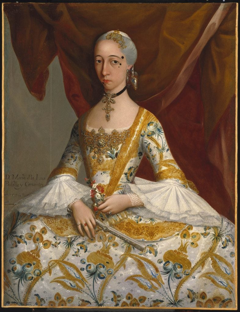 A portrait of privilege: This young woman's ancestors were among the first European colonizers of the Americas; she sat for this commission in a gown of imported silk brocade. Miguel Cabrera, Doña María de la Luz Padilla y Gómez de Cervantes, circa 1760; oil on canvas. Brooklyn Museum, Museum Collection Fund and Dick S. Ramsay Fund.