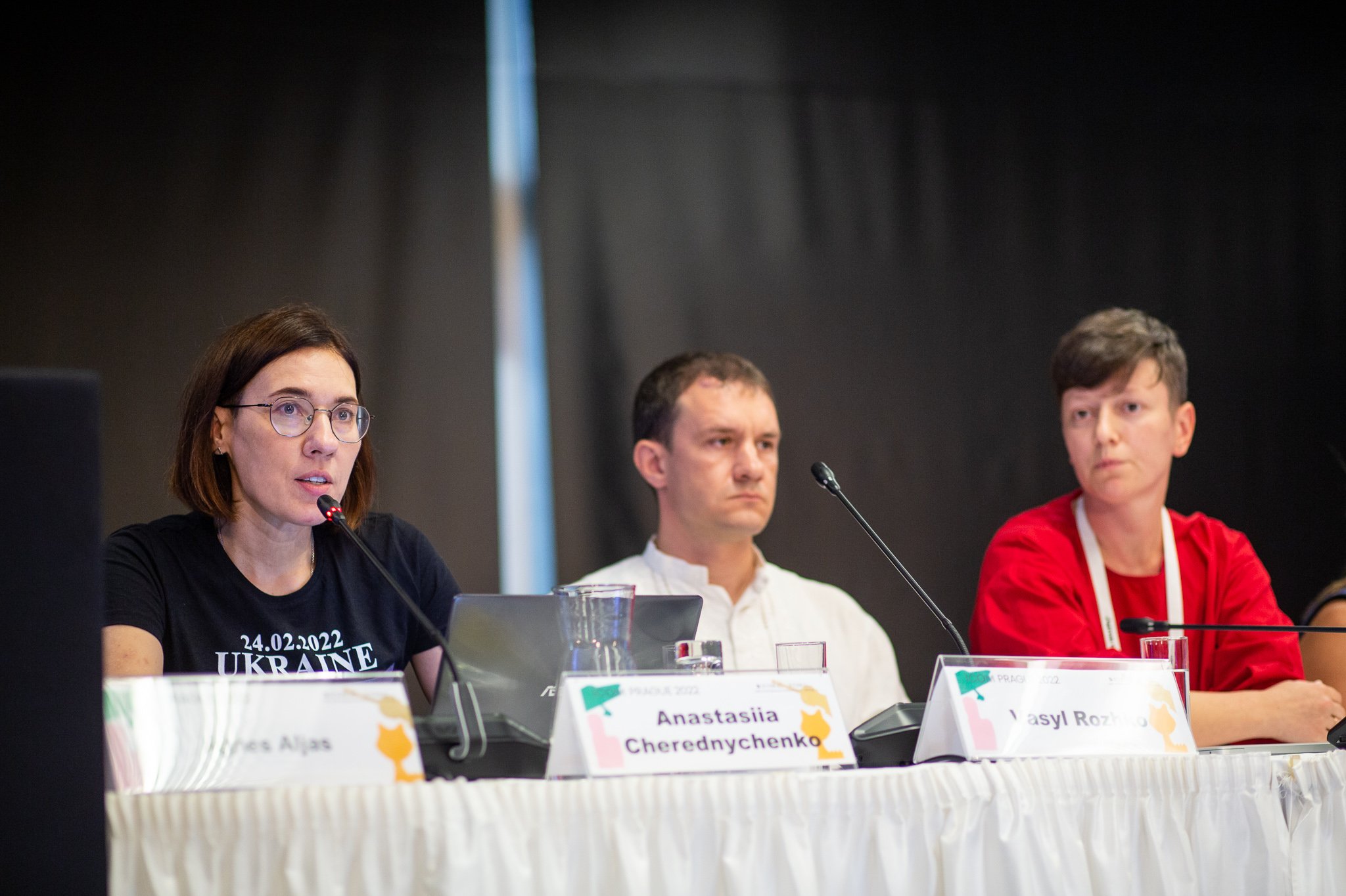 Anastasiia Cherednychenko, the vice-chair of ICOM Ukraine; Vasyl Roshko; and Kateryna Chuyeva of ICOM Ukraine. Cherednychenko called for the expulsion of ICOM Russia at the "Heritage Protection Responses in Ukraine" panel at the ICOM General Conference Prague 2022. Photo courtesy of ICOM.