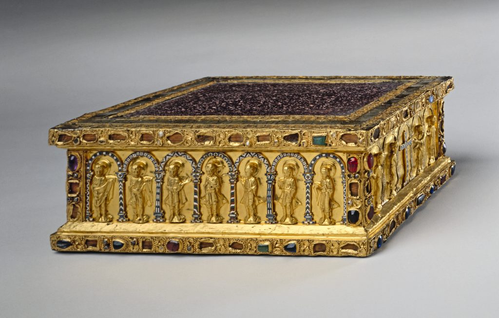 Portable Altar of Countess Gertrude (ca. 1045). Commissioned by Countess Gertrude of Brunswick, this portable altar is one of the Guelph Treasure's earliest and most ornate objects, made of gold and gems. Photo by Heritage Arts/Heritage Images via Getty Images.
