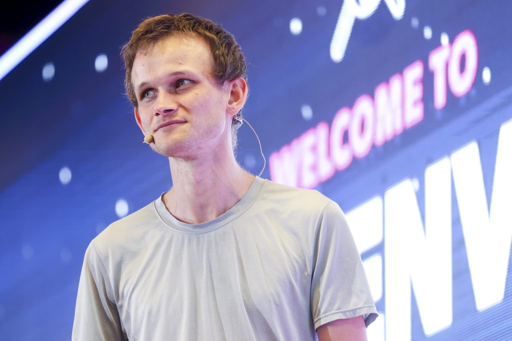 Ethereum cofounder Vitalik Buterin speaking at the ETHDenver conference in February 2022. (Photo by Michael Ciaglo/Getty Images)
