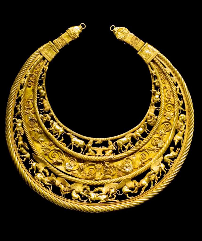 Scythian golden pectoral from the royal grave at Tolstaja Mogila kurgan, 4th century BCE, collection of the Museum of Historic Treasures of Ukraine, Kiyv. Works like this are in danger of being looted during the Russian invasion and could appear on ICOM's Red List for Ukraine. Photo Pictures From History/Universal Images Group via Getty Images.