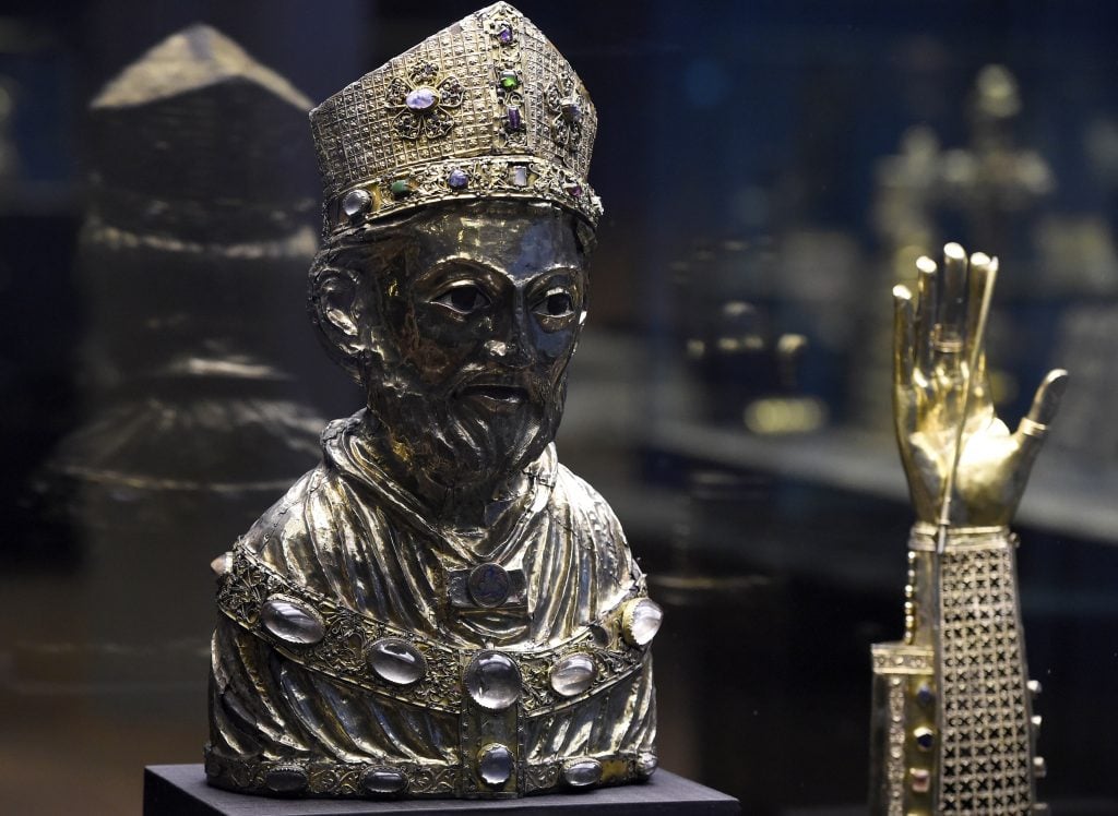 A bust reliquary of Saint Blaise from the Welfenschatz, or Guelph Treasure is pictured at the Kunstgewerbemuseum, or Museum of Decorative Arts, in Berlin. Photo by Tobias Schwarz/AFP via Getty Images.