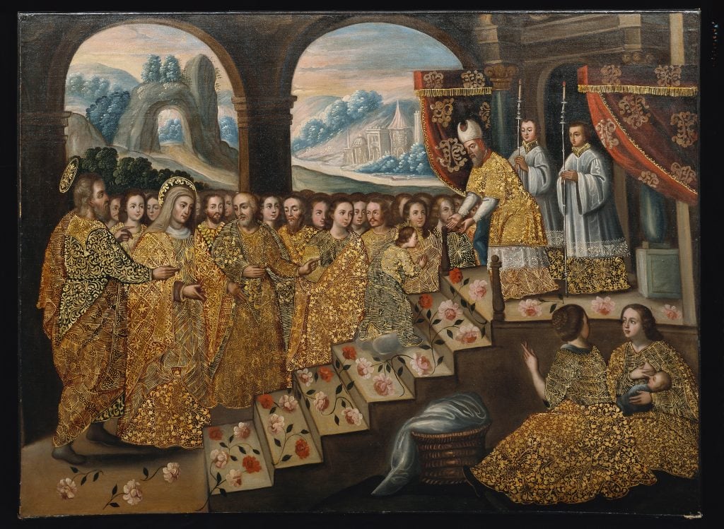 In <em>Presentation</em><i> of the Virgin in the Temple</i>, an 18th-century work of oil and gold on canvas, tunics and mantles are gilded with <em>brocateado</em>, a gold-brocade technique from the Cusco School of painting, which introduced Andean elements to Catholic subjects. Collection of Carl and Marilynn Thoma. Courtesy of the Blanton Museum.