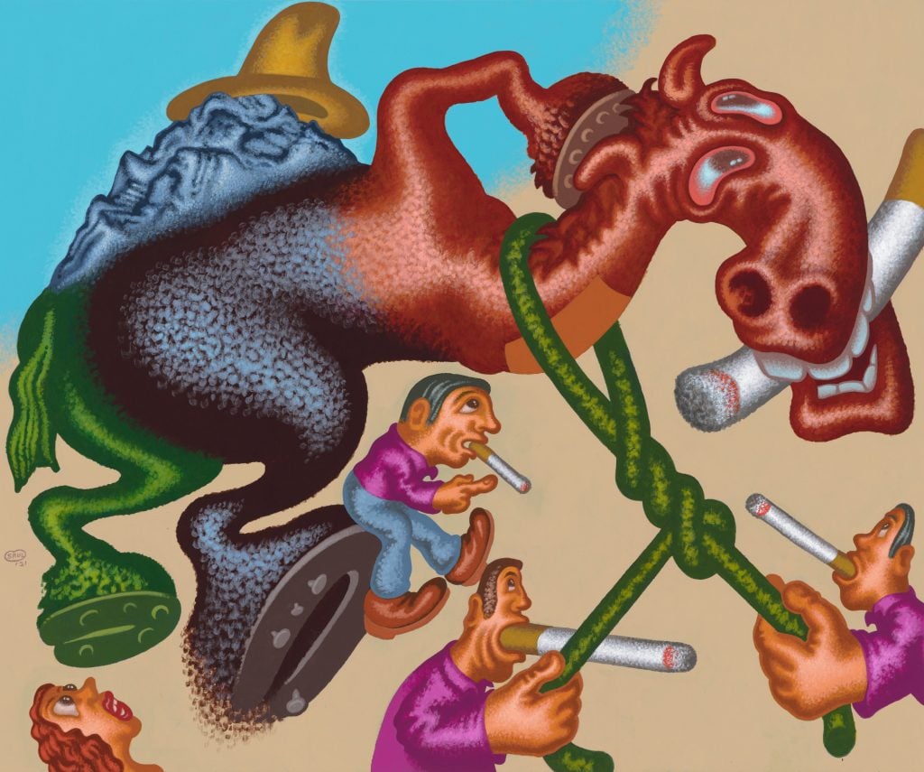 Peter Saul, <i>Teaching a Horse to Smoke a Cigarette</i> (2021). Photo: Mark Woods. Courtesy Michael Werner Gallery. 