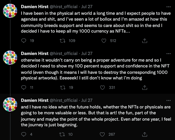 Screenshot of Damien Hirst tweets