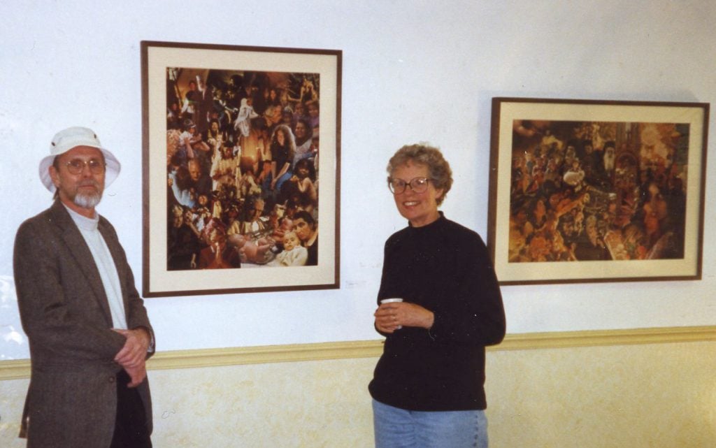 Bruce Conner and Jean Conner at her show in San Francisco at Cafe ? in 1998. Photo courtesy of Jean Conner.