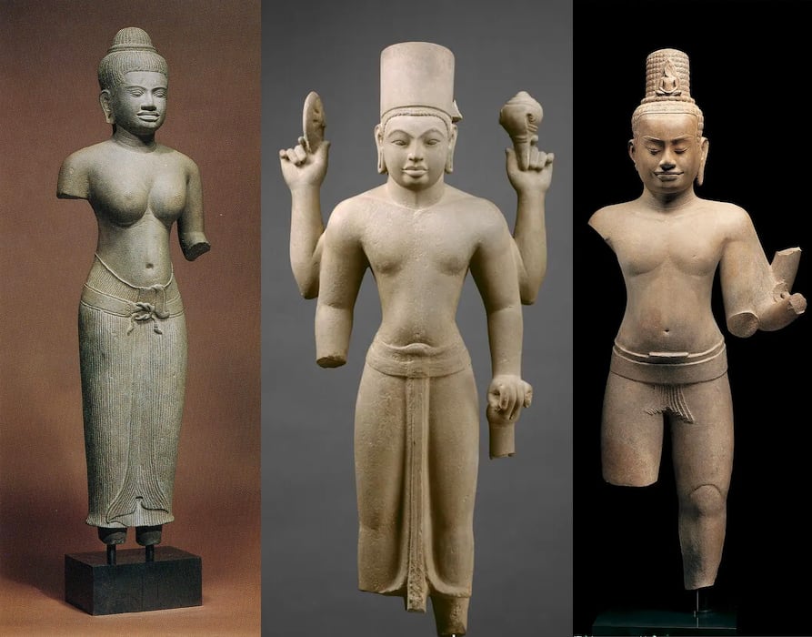 A trio of antique sculptures from the collection of New York's Metropolitan Museum of Art that Cambodia says are looted. Standing Female Deity, probably Uma (ca. mid-11th century). Standing Four-Armed Vishnu (second half of the 7th century). Standing Eight-Armed Avalokiteshvara, the Bodhisattva of Infinite Compassion (late 12th century). Photo courtesy of the Metropolitan Museum of Art, New York.