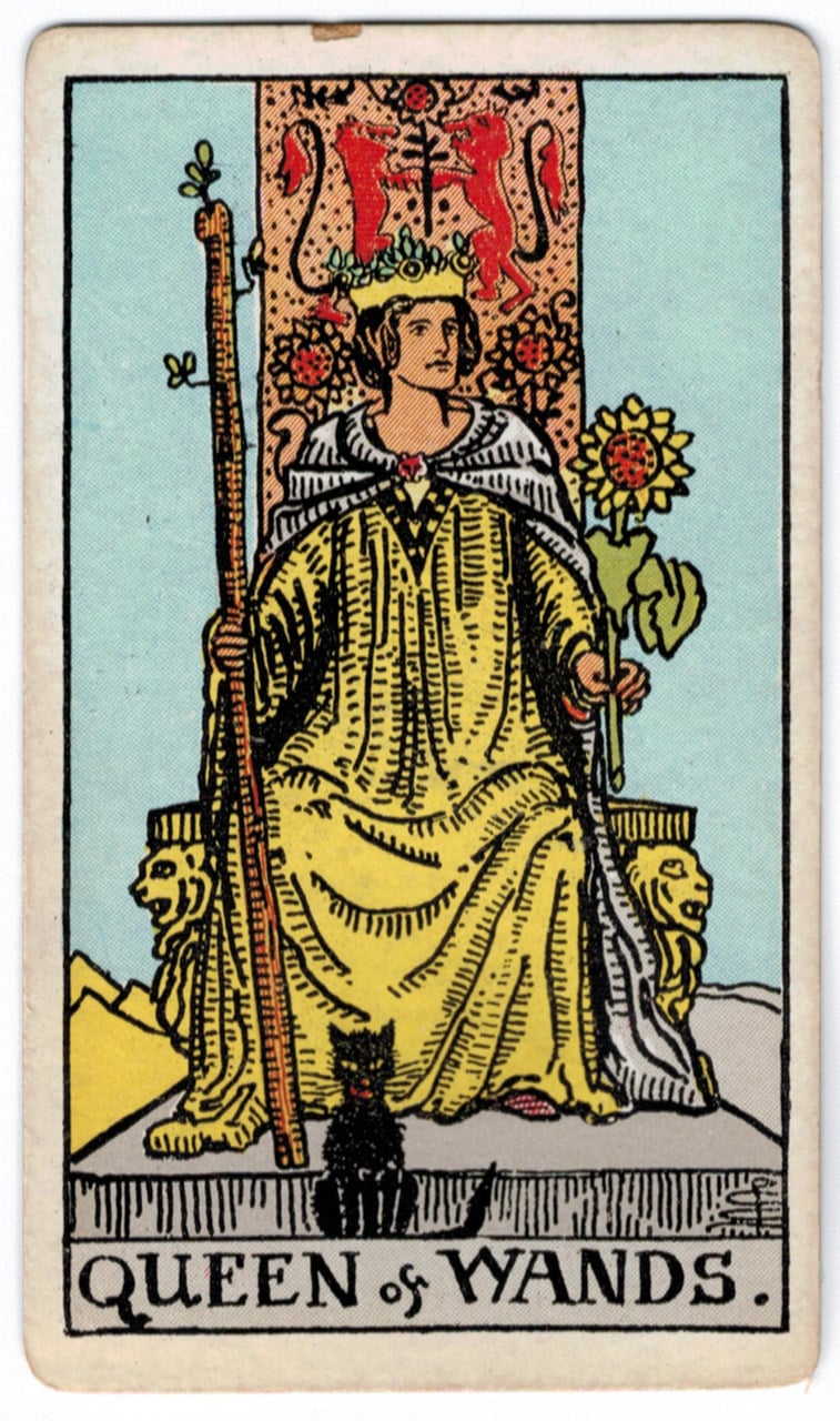 Pamela Colman Smith's design for the Queen of Wands with Edith Craig as a model.