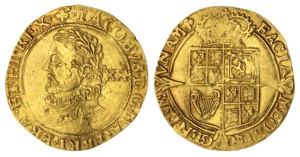 This "pattern bust" James I laurel is one of the coins discovered beneath a kitchen floor in the U.K. Photo courtesy of Spink and Sons, London.
