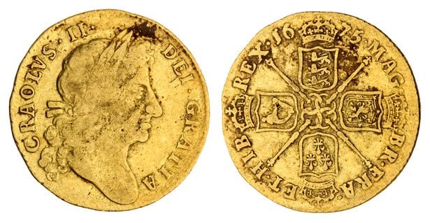 This rare Charles II guinea with spelling mistake is expected to fetch £1,500 ($1,725) at auction. It is one of the coins discovered beneath a kitchen floor in the U.K. Photo courtesy of Spink and Sons, London.