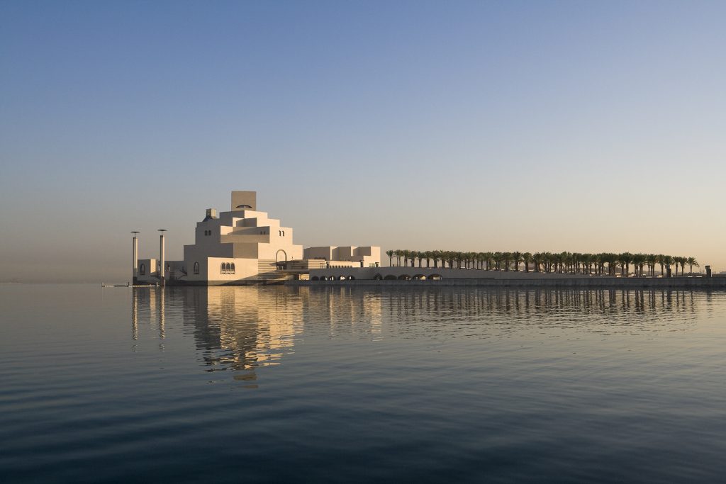 The Museum of Islamic Art seems to float on the waters of the Arabian Gulf. Courtesy of the Museum of Islamic Art.