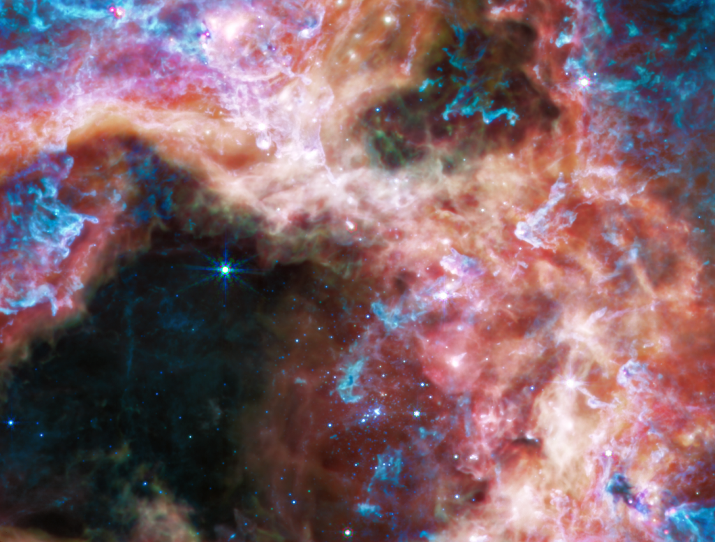 Webb’s Near-Infrared Camera (NIRCam) displays the Tarantula Nebula star-forming region. Courtesy of NASA, ESA, CSA, STScI, Webb ERO Production Team.