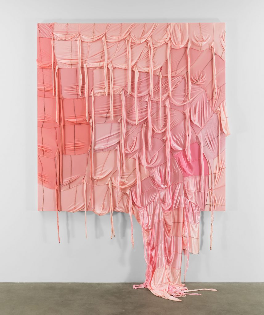 Anthony Akinbola Majin Buu 2022 DuRags on wooden panel 243.8 x 274.3 x 7.6 cm / 96 x 108 x 3 in ©Anthony Akinbola Courtesy the artist and Hauser & Wirth Photo: Thomas Barratt