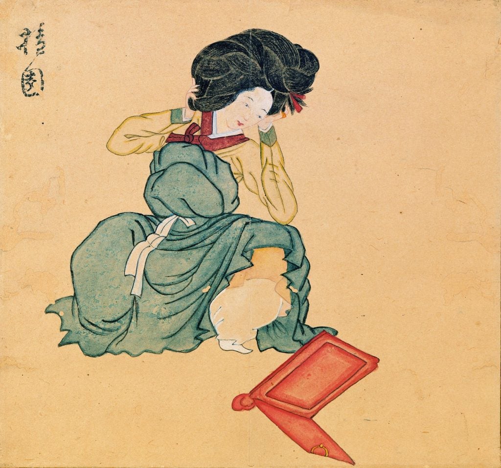 <i>Beauty Adorning Herself</i>, attributed to Kim Hong-Do (ca. 18th-19th century Joseon).  © Seoul National University.” width=”1024″ height=”955″/></p>
<p id=