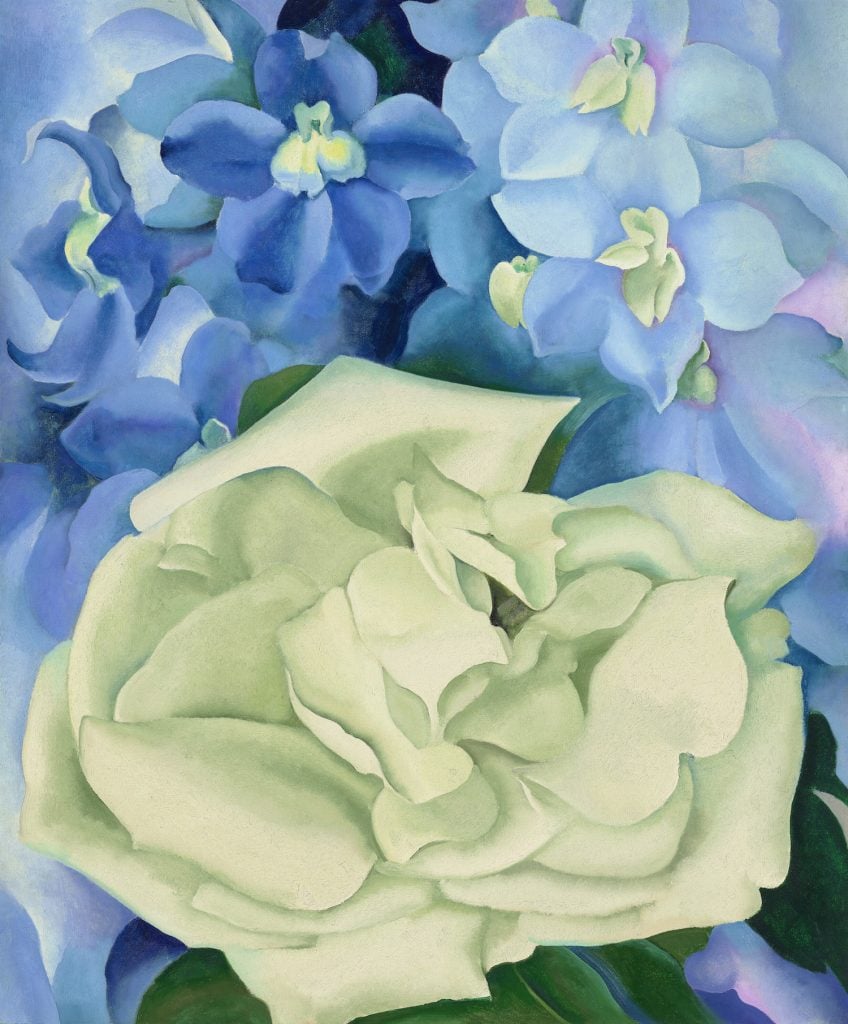 Georgia O'Keeffe, White Rose with Larkspur No.  1 (1927).  Image courtesy of Christie's.