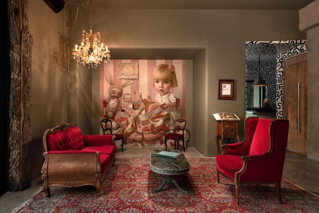 Installation view with Mark Ryden, Rosie's Tea Party, (2005).  Image: Lio Malca and Casa Malca.