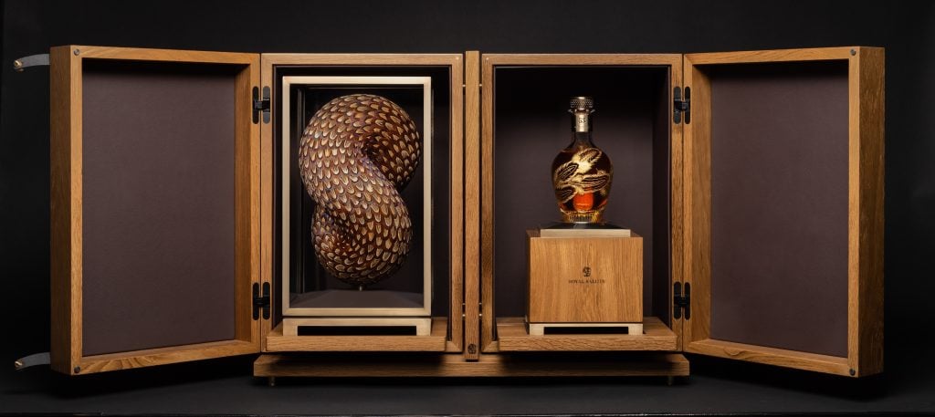 Paragon pairs a sculpture with a crystal decanter of 53-year-old Scotch whisky in a bespoke cabinet. Courtesy of Royal Salute.