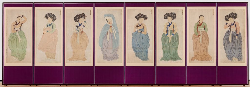 <i>Eight Beauties of Korea</i> folding screen (ca. 1900-1950), attributed to Chae Yong Shin. © OCI Museum of Art.