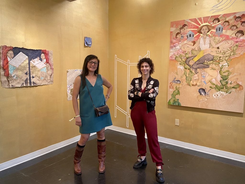 Fay Ku and curator Kristen Racaniello of Field Projects with their booth “Axonometric Tongue” at New York's SPRING/BREAK Art Show 2022. Photo by Sarah Cascone.