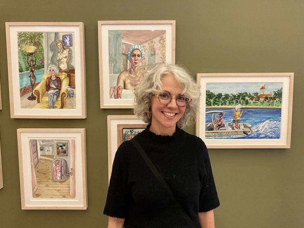 Patty Horing with her "Invasion of Privacy" paintings curated by Anna Zorina at New York's SPRING/BREAK Art Show 2022. Photo by Sarah Cascone.