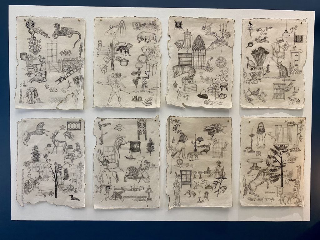 Drawings by Audrey Bialke in "Illumination Station" curated by Elizabeth Reid at New York's SPRING/BREAK Art Show 2022. Photo by Sarah Cascone. 
