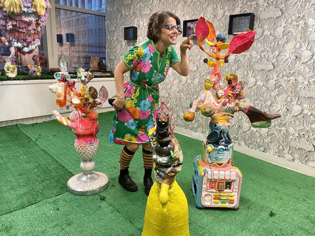 Julie Peppito with her sculptures in "Burrowed in the Garden," curated by the Contemporary Art Modern Project (CAMP) at New York's SPRING/BREAK Art Show 2022. Photo by Sarah Cascone. 