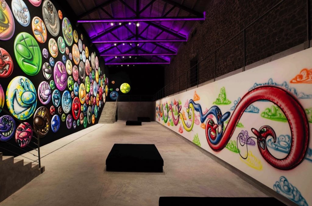 Installation view of Kenny Scharf's work at La Nave Salinas Foundation in Ibiza.  Photo by Leo Malka.