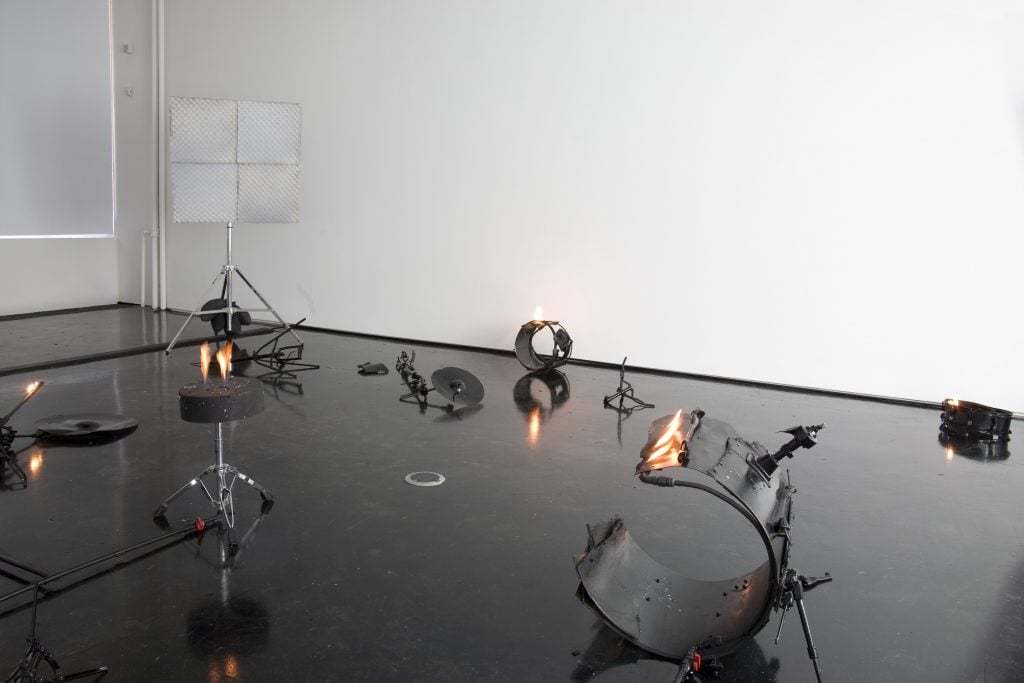 Banks Violette's 2007 installation Not yet titled (proposal for a burning drum kit). Courtesy of the artist and Gladstone Gallery.
