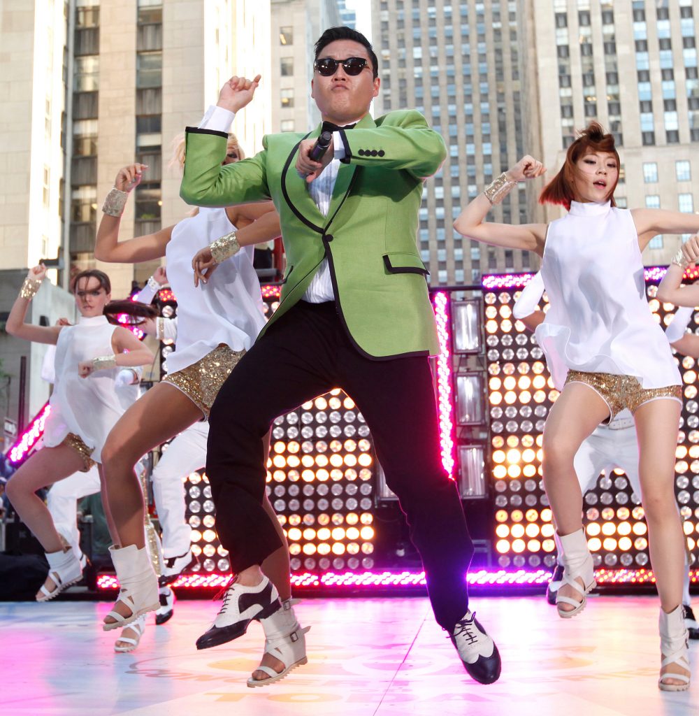 PSY performs Gangnam Style in 2012 on Today in New York. Courtesy of Jason Decrow, Invision, AP, Shutterstock.