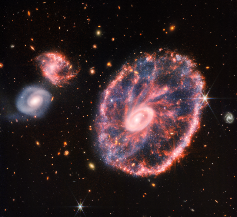 The Cartwheel Galaxy, located 500 million light-years away in the Sculptor constellation, and surrounding galaxies, as observed by Webb. Courtesy of NASA, ESA, CSA, Webb ERO Production Team. 