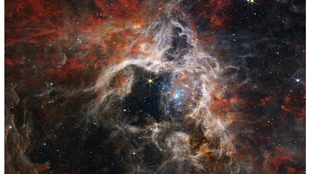 Webb’s Near-Infrared Camera (NIRCam) displays the Tarantula Nebula star-forming region. Courtesy of NASA, ESA, CSA, STScI, Webb ERO Production Team. 