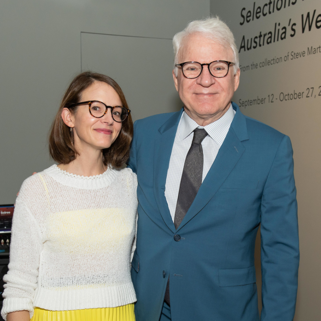 Steve Martin and Anne Stringfield at the National Arts Club in New York, which is currently hosting an exhibition of work from their collection of Indigenous Australian painting. Photo courtesy of the National Arts Club, New York.