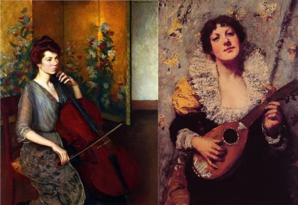 Lilla Cabot Perry, <em>The Cellist</em>. Private collection. William Merritt Chase, <em>The Mandolin Player</em> (1879). Private collection.