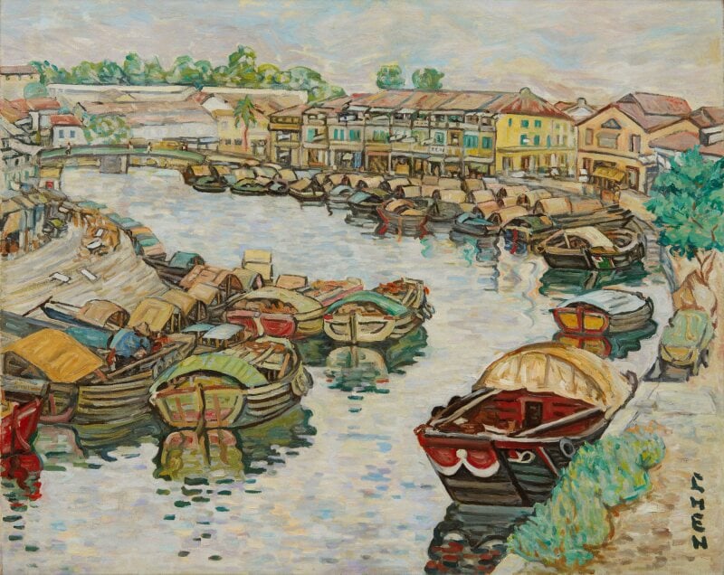 Georgette Chen, <i>Boats and shophouses</i> (ca. 1963–65). Courtesy of Sotheby's.