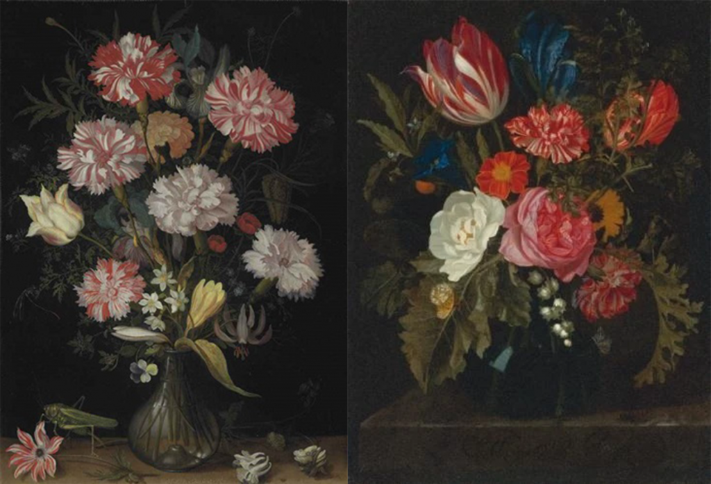 Ambrosius Bosschaert, Flowers in a Glass Vase. Collection of the National Gallery, London. Maria van Oosterwijck, Flowers in a vase on a marble ledge (after 1680). Private collection.