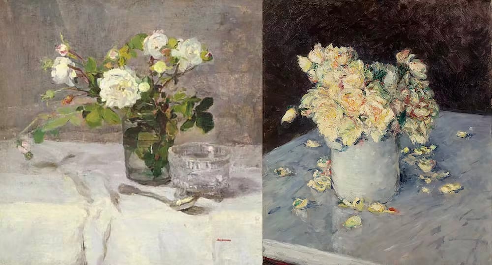 Eva Gonzalès, <em>Roses in a Glass<em> (ca. 1880–82). Gustave Caillebotte, <em>Yellow Roses in a Vase</em> (1882). Collection of the Dallas Museum of Art. 