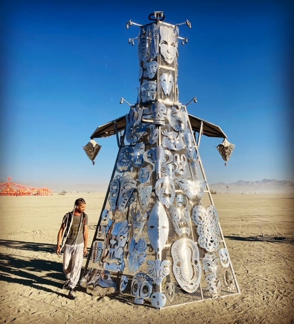 Jason Gronlund, <em>A Temple of Masks</em> at Burning Man 2022. Photo courtesy of the artist. 