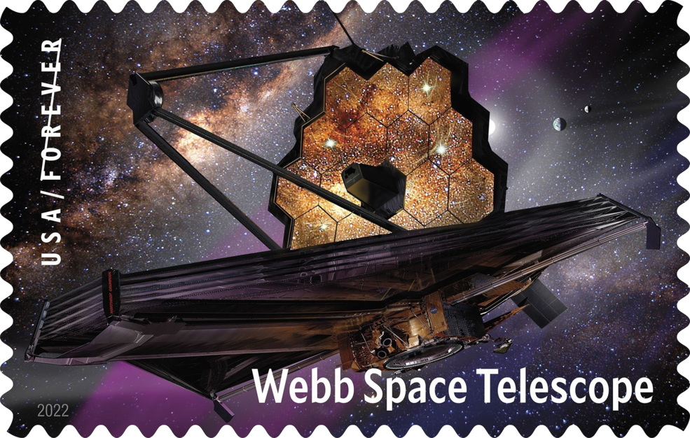 The U.S. Postal Service's new stamp featuring NASA’s James Webb Space Telescope. U.S. Postal Service Art Director Derry Noyes designed the stamp using existing art by James Vaughan and an image provided by NASA and the Space Telescope Science Institute. Courtesy of the U.S. Postal Service.
