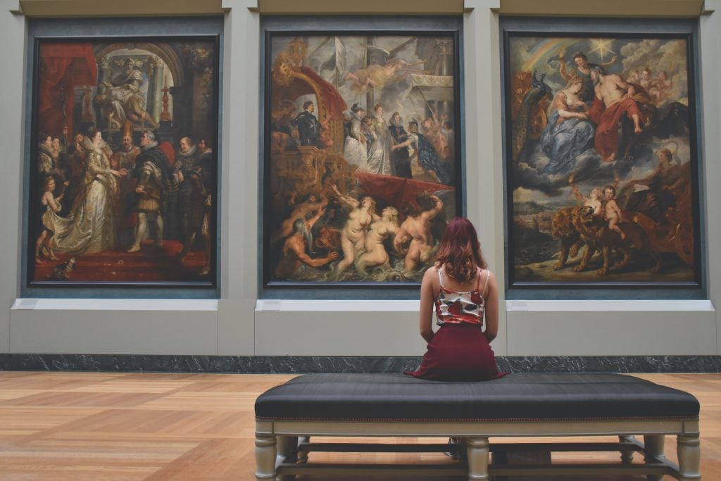 Stock image of a woman looking at the Marie de' Medici painting cycle by Peter Paul Rubens at the Louvre in Paris. Photo by Una Laurencic, from Pexels.
