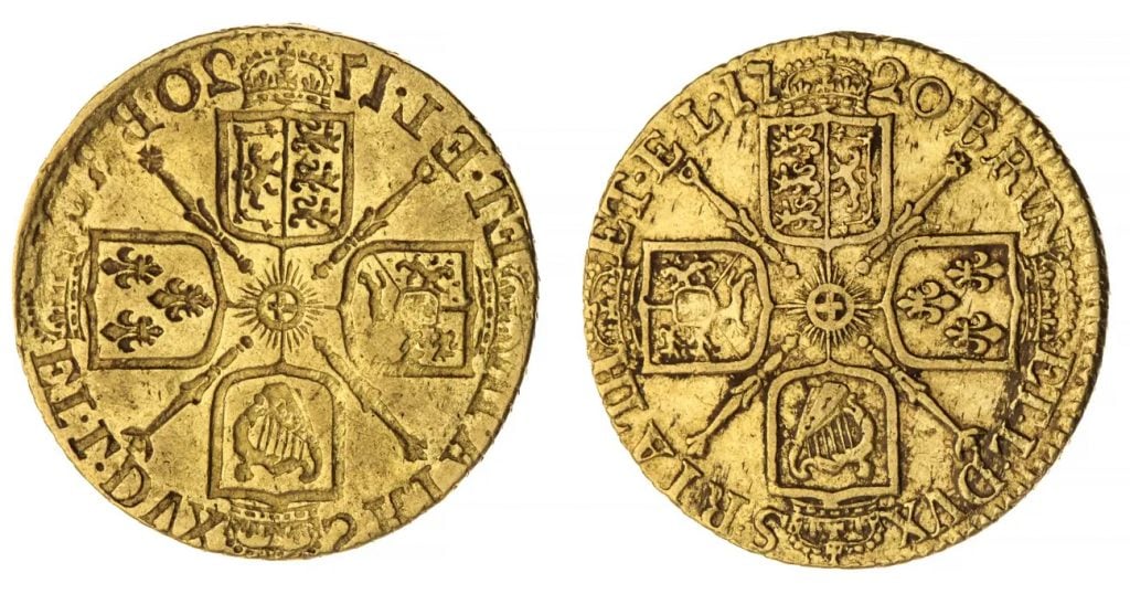 Thanks to a minting error, this 1720 George I guinea has two "tales" sides. It could be the most valuable of the coins discovered beneath a kitchen floor in the U.K. Photo courtesy of Spink and Sons, London. 