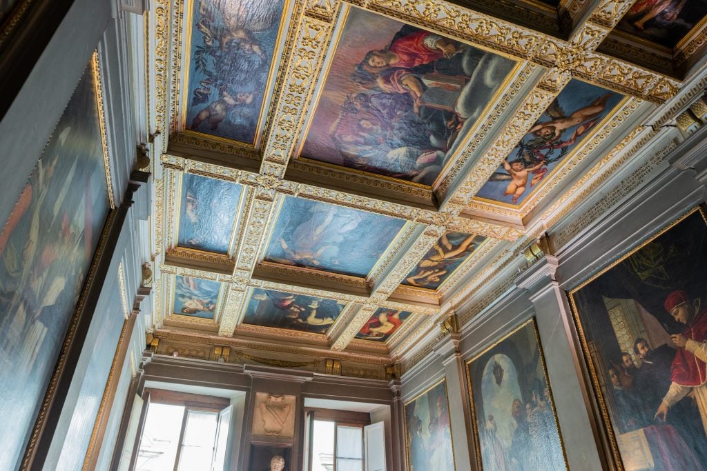 The ceiling of the Casa Buonarroti, Florence, including Artemisia Gentileschi,Allegory of the Inclination (1816).  Photo by Olga Makarova, courtesy of Casa Buonarroti, Florence.