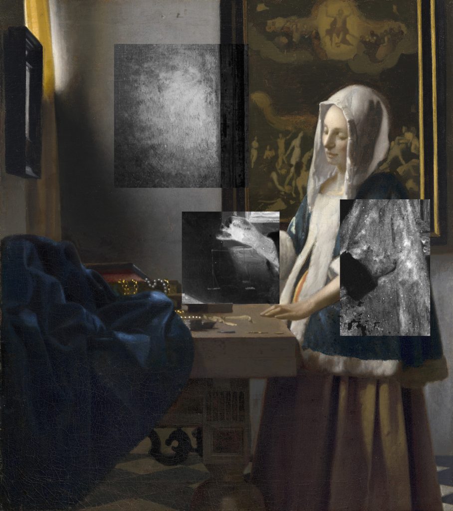An image v isualizing characteristics of the underpaint in Johannes Vermeer’s Woman Holding a Balance (c. 1664): a composite image of the color photograph, infrared reflectance image, and chemical element maps for iron and copper. Photo: National Gallery of Art.