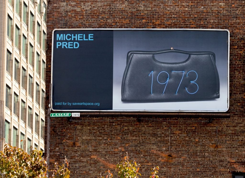 Michele Pred, <em>1973</eM>. The billboard is on view in New York at West 46th Street and 12th Avenue. Photo courtesy of Michele Pred. 