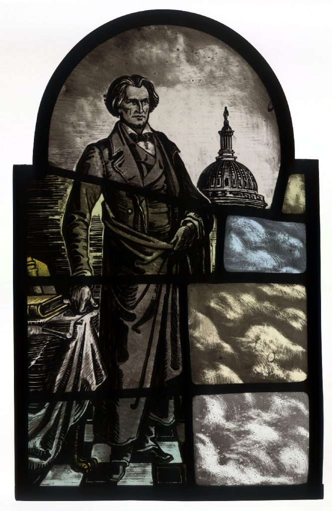 This window of John C. Calhoun, titled <em>Statesman</em> by D'Ascenzo Studios (1932), was removed from Yale University's Calhoun College common room over concerns about the former vice president's support for slavery. The clouds in the corner once depicted an enslaved man at the politician's feet. Photo courtesy of Yale University, New Haven, Manuscripts and Archives.