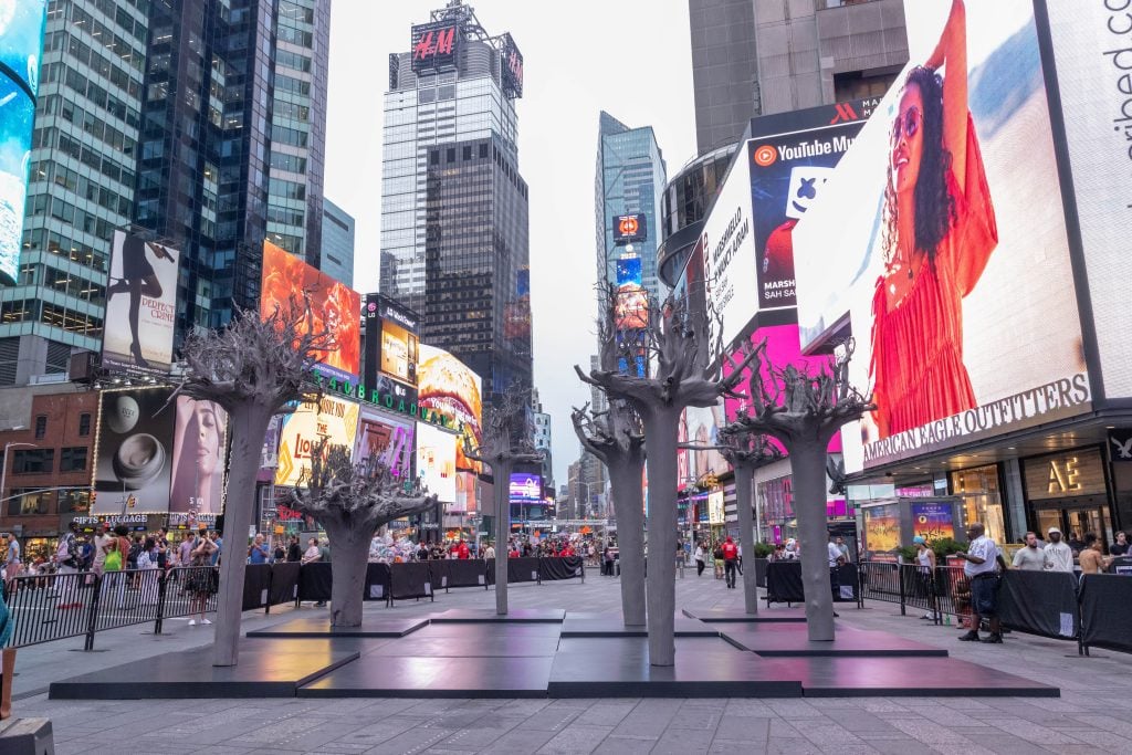 Charles Gaines, <em></eM> in "Charles Gaines: The American Manifest, Part One" in Times Square. Photo by Michael Hull, courtesy of Creative Time and Times Square Arts. 
