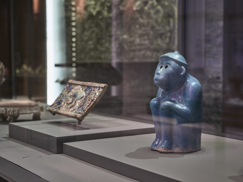 Museum of Islamic ArtGallery 7 –The Eastern World: Early Iran and Centra AsiaThe blue monkey (Iran, Kashan, 6th century AH/12 century CE)Credit: The Museum of Islamic Art / Qatar Museums © 2022 (photo Chrysovalantis Lamprianidi.