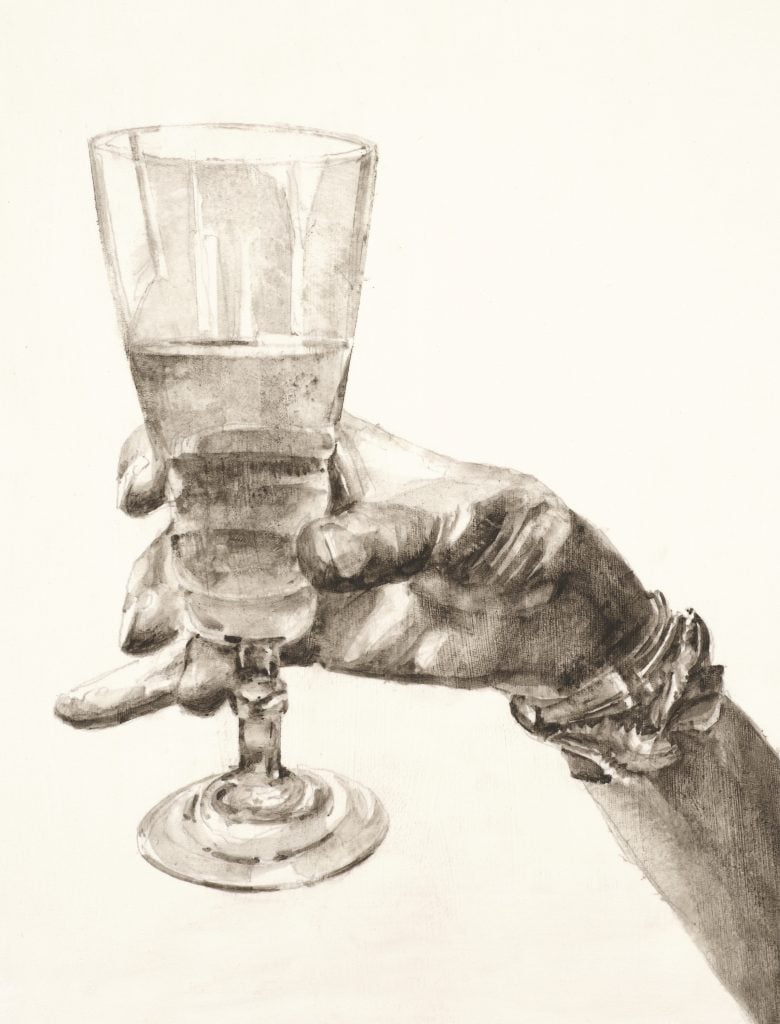 An illustration by Luis Serrano for the Cocktails With a Curator book, based on Jean-Honoré Fragonard's The Progress of Love: The Pursuit (1771–1772). © Cocktails with a Curator, by Xavier F. Salomon, Rizzoli New York, 2022.