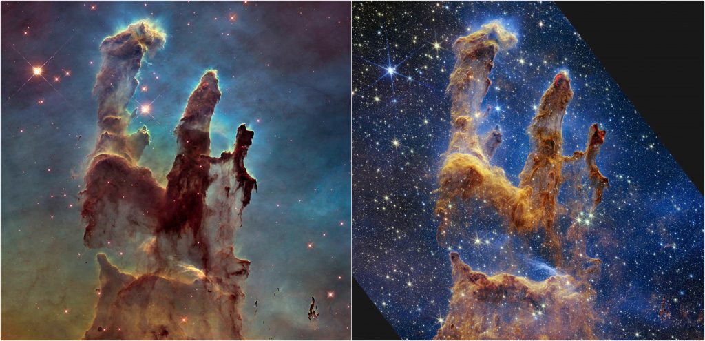 NASA's Hubble Space Telescope made the Pillars of Creation famous with its first image in 1995, but revisited the scene in 2014 to reveal a sharper, wider view in visible light, shown above at left. A new, near-infrared-light view from NASA’s James Webb Space Telescope, at right, helps us peer through more of the dust in this star-forming region. The thick, dusty brown pillars are no longer as opaque and many more red stars that are still forming come into view. Courtesy of NASA, ESA, CSA, STScI; Joseph DePasquale (STScI), Anton M. Koekemoer (STScI), Alyssa Pagan (STScI).