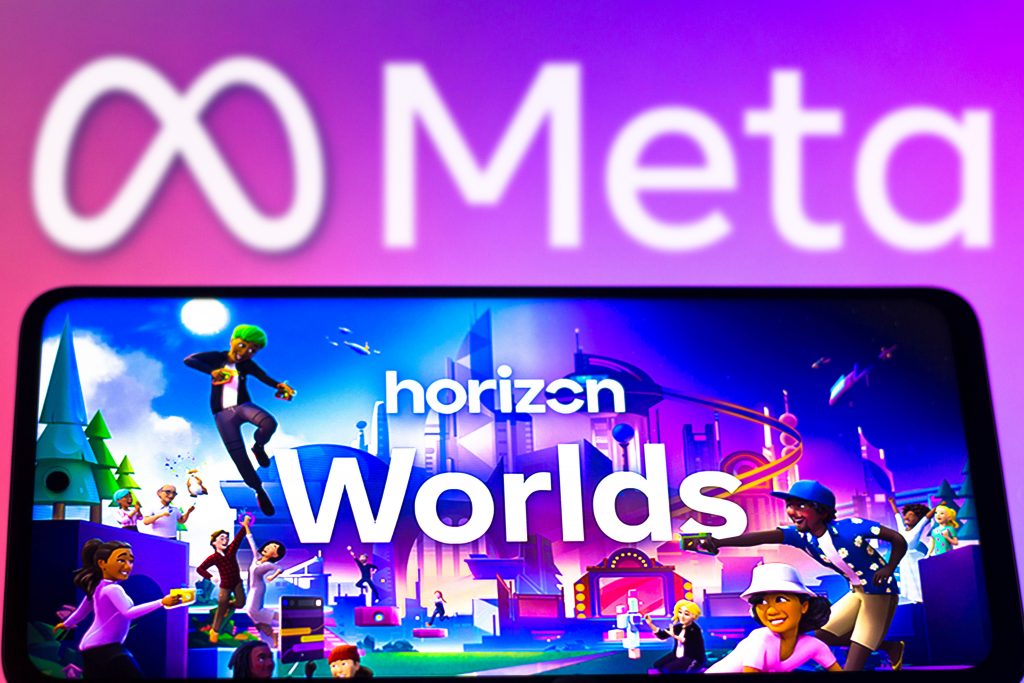 A photo illustration of the logo for Meta's Horizon Worlds app displayed on a device screen. (Photo Illustration by Rafael Henrique/SOPA Images/LightRocket via Getty Images)